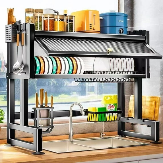 INO Design Dish Drying Rack Large Dish Rack Kitchen Organizers and Storage, Over The Sink Dish Drainer, Dish Racks with Sponge Holder and Knife, Bowl Holder for Kitchen Sink Counter - Black