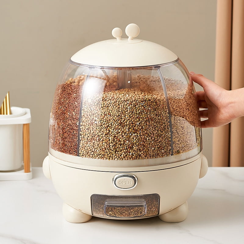 6-Grid Rotating Grain Dispenser - 10kg Capacity Dry Food Storage Container For Kitchen Pantry