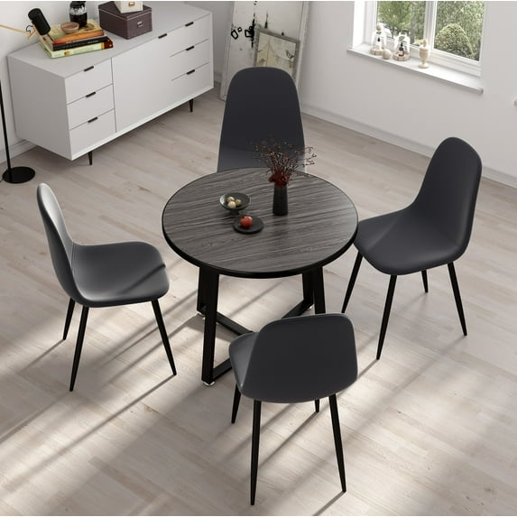 INO Design Mid-Century Modern 35'' Inch Round Grey Wooden Dining Table Set for 4 Comfortable Upholstered Curved Back Chairs, Space Saving for Kitchen, Living Room Furniture, Small Apartments (Grey)