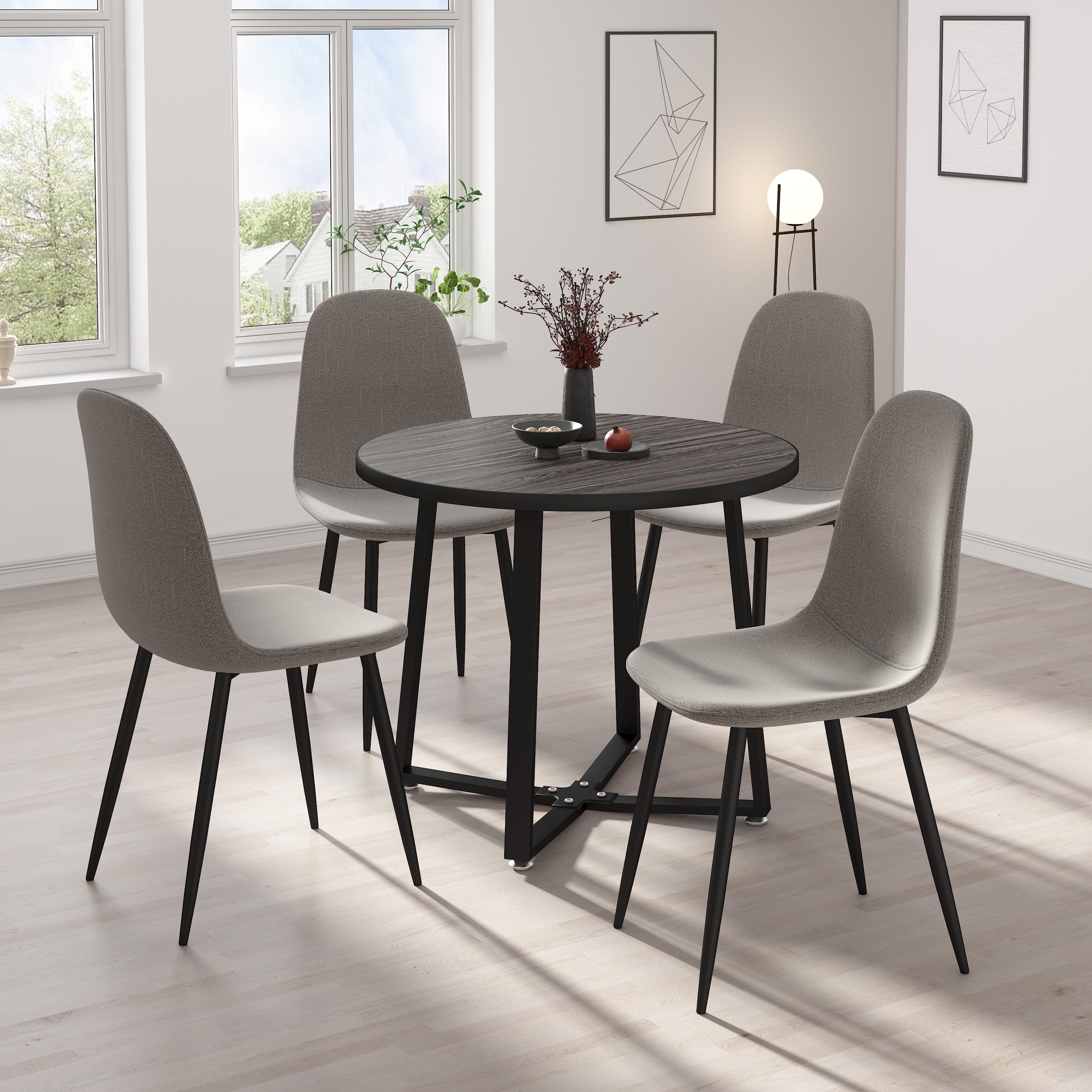 INO Design MidCentury Modern Round Grey Wooden Dining Table Set for 4