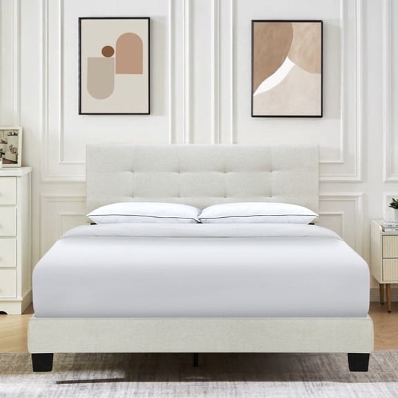 INO Design Modern Queen Platform Bed Frame with Tufted Upholstered Headboard and Solid Metal Legs for Bedroom, Beige