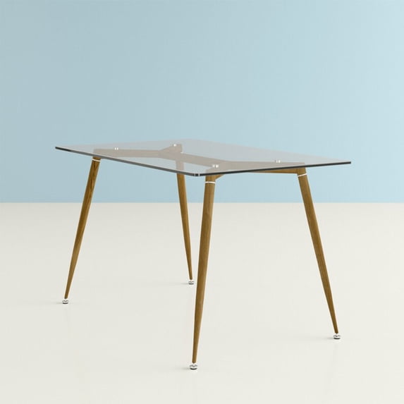 INO Design Modern Transparent Glass Top Rectangular Dining Table for 4 and 6 Person with Mid-Century Wooden Skin Frame Metal Leg for Coffee Table, Kitchen, Office, Home
