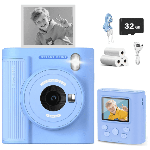 INOCTI Dual-Lens Instant Print Camera for Kids, 12MP, 3 Rolls of Paper, 1080P Digital Camera with 1000mAh Battery, Creative Birthday Gifts for Year Age 3-12(Blue)