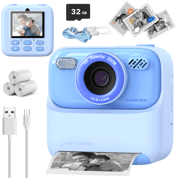 INOCTI Dual-Lens Instant Print Camera for Kids, 12MP, 3 Rolls of Paper, 1080P Digital Camera with 1000mAh Battery, Creative Birthday Gifts for Year Age 3-12(Blue)