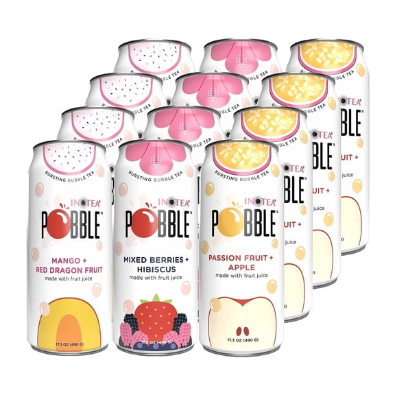 INOTEA POBBLE BURSTING BUBBLE TEA (Pack of 12 Cans) | Real Fruit Juice Iced Tea and Contains Popping Pearls (16.6oz/can) | Assorted Flavors: Mango, Mixed Berries, and Passion Fruit. (Assorted)