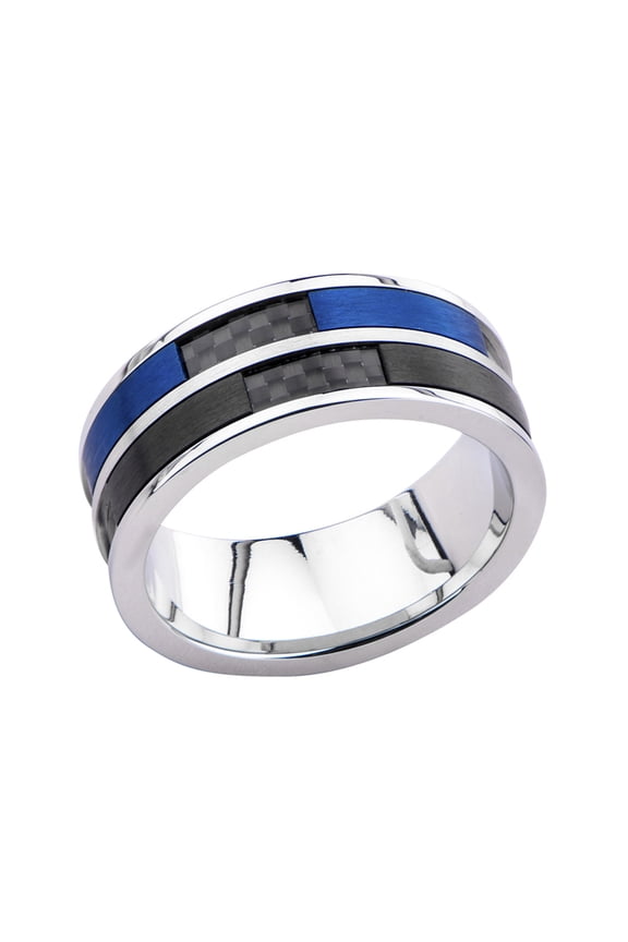 Jewelry Men's Stainless Steel Black and Blue IP with Black Carbon Fiber Inlay Ring