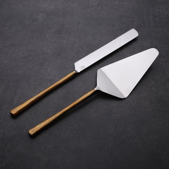 Vintage Gold and Stainless Steel Cake Server Set with Wooden Handles
