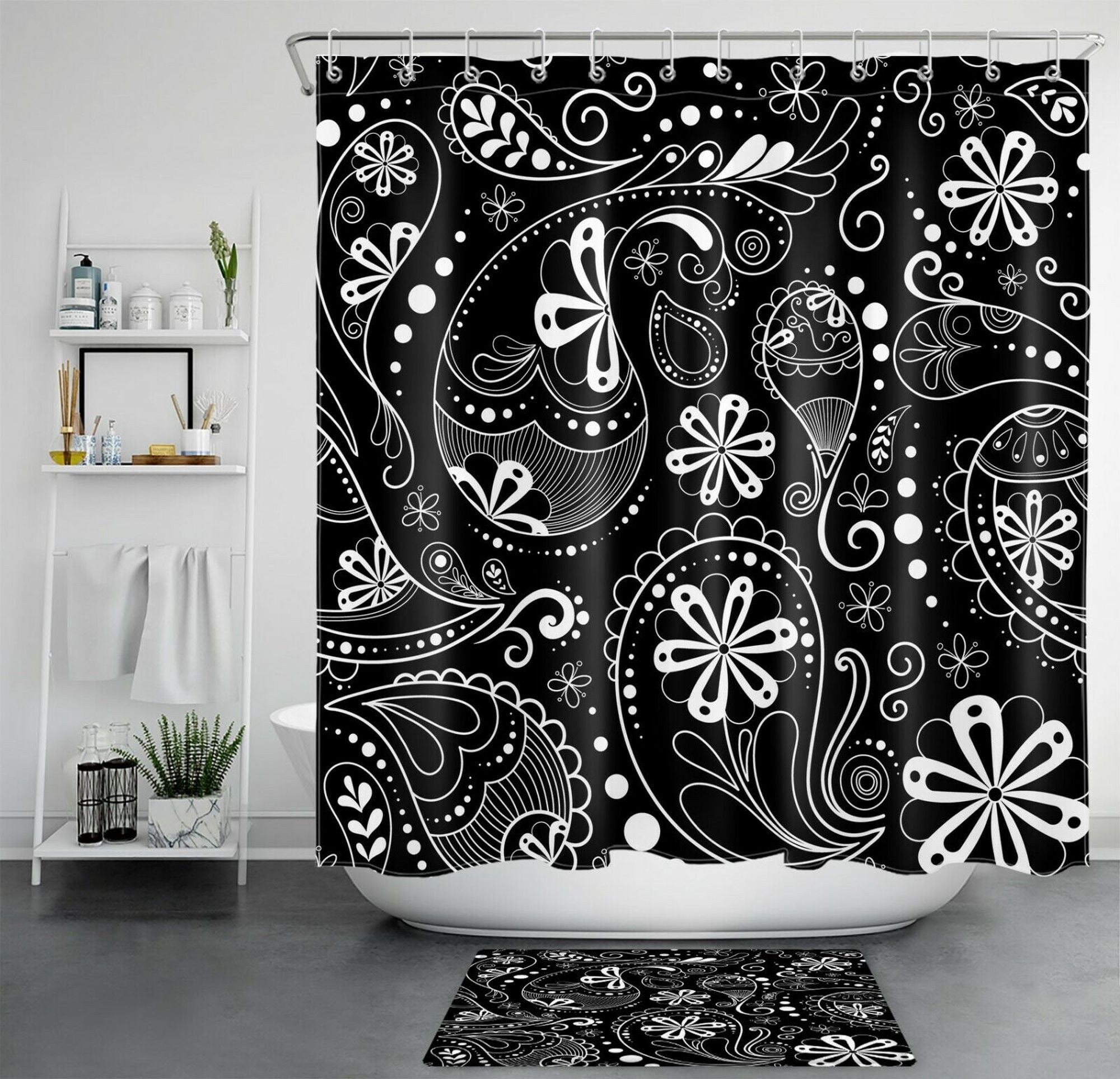INPERCUST Bohemian Paisley Shower Curtain with Abstract Black and White