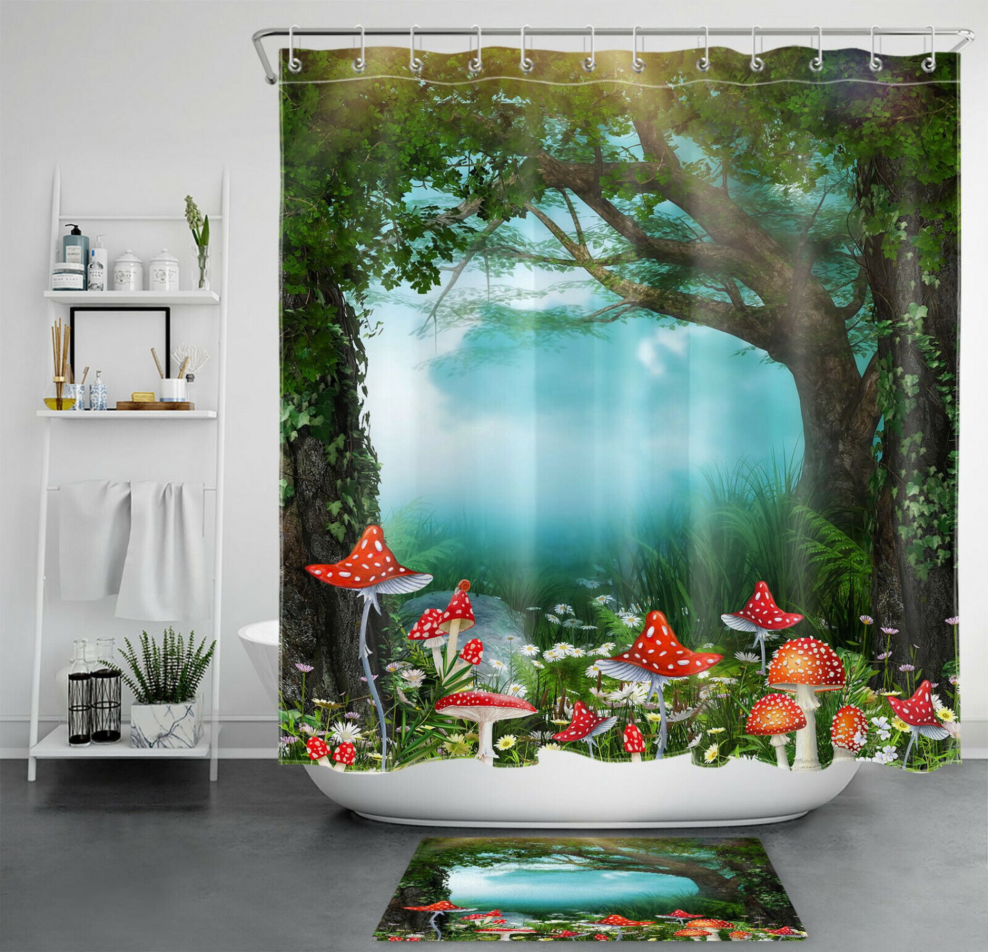 INPERCUST Enchanted Forest Mushroom Shower Curtain with Daisy Flower ...