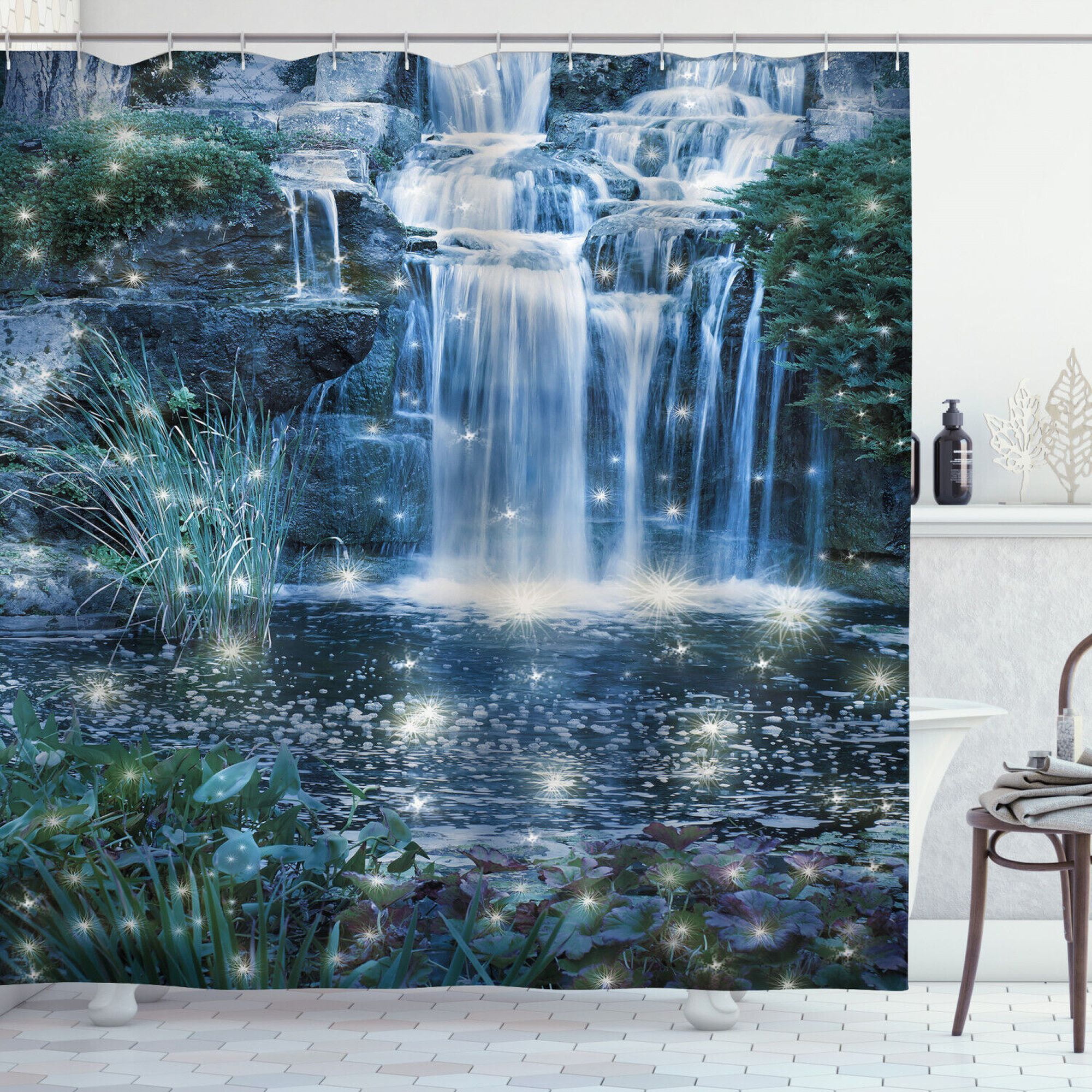 INPERCUST Enchanting Cascade Waterfall Shower Curtain with Fairy Magic