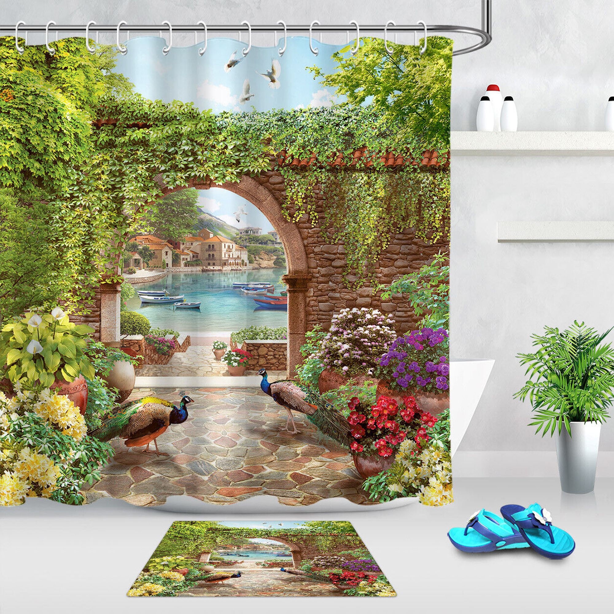 INPERCUST Enchanting Coastal Path Floral Peacock Shower Curtain - Water INPERCUST Enchanting Coastal Path Floral Peacock Shower Curtain - Water