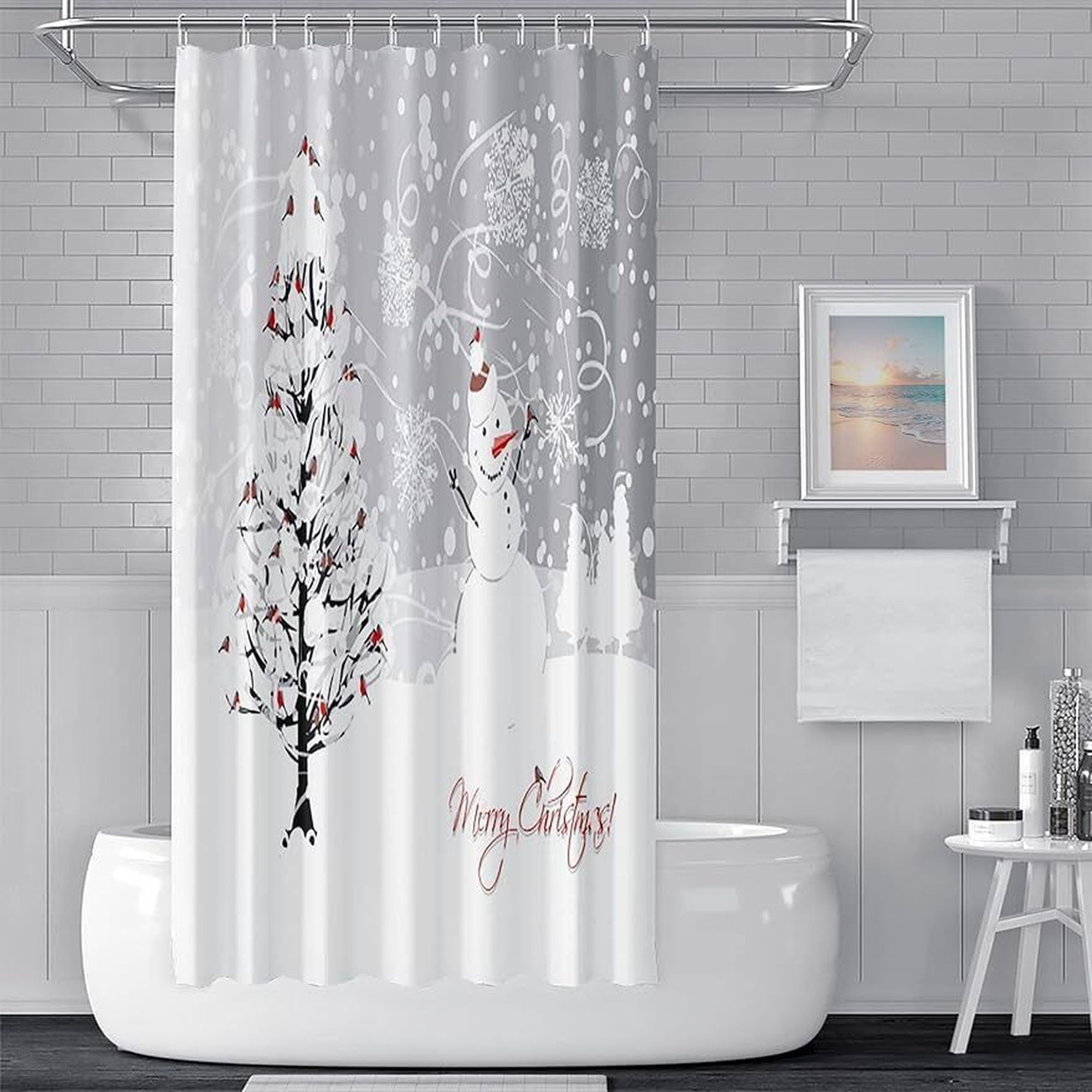 INPERCUST Festive Winter Wonderland Shower Curtains for Bathroom Holiday Tree and Frosty