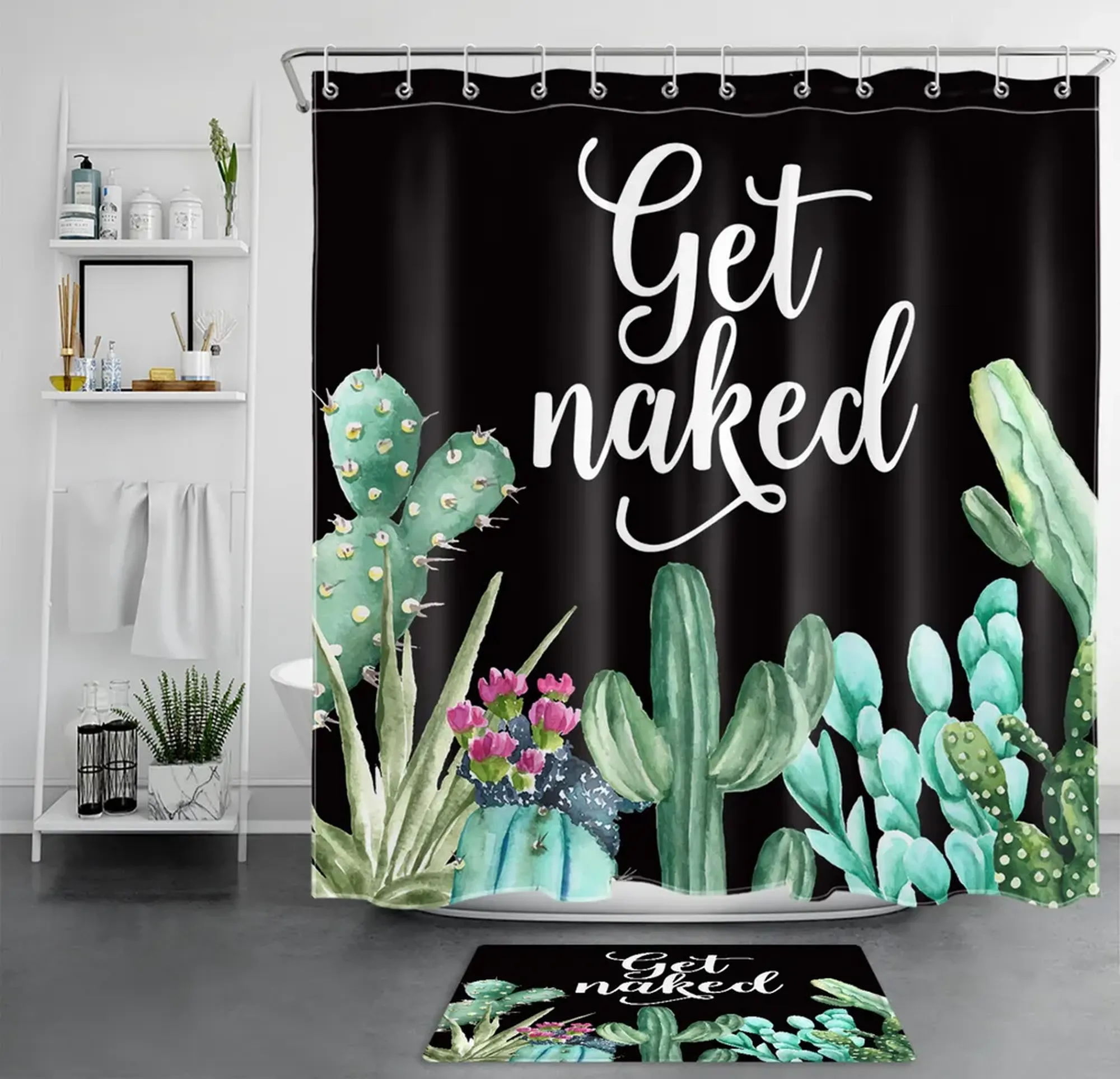 INPERCUST Hilarious Phrases Botanical Green Cactus Dark Shower Curtain