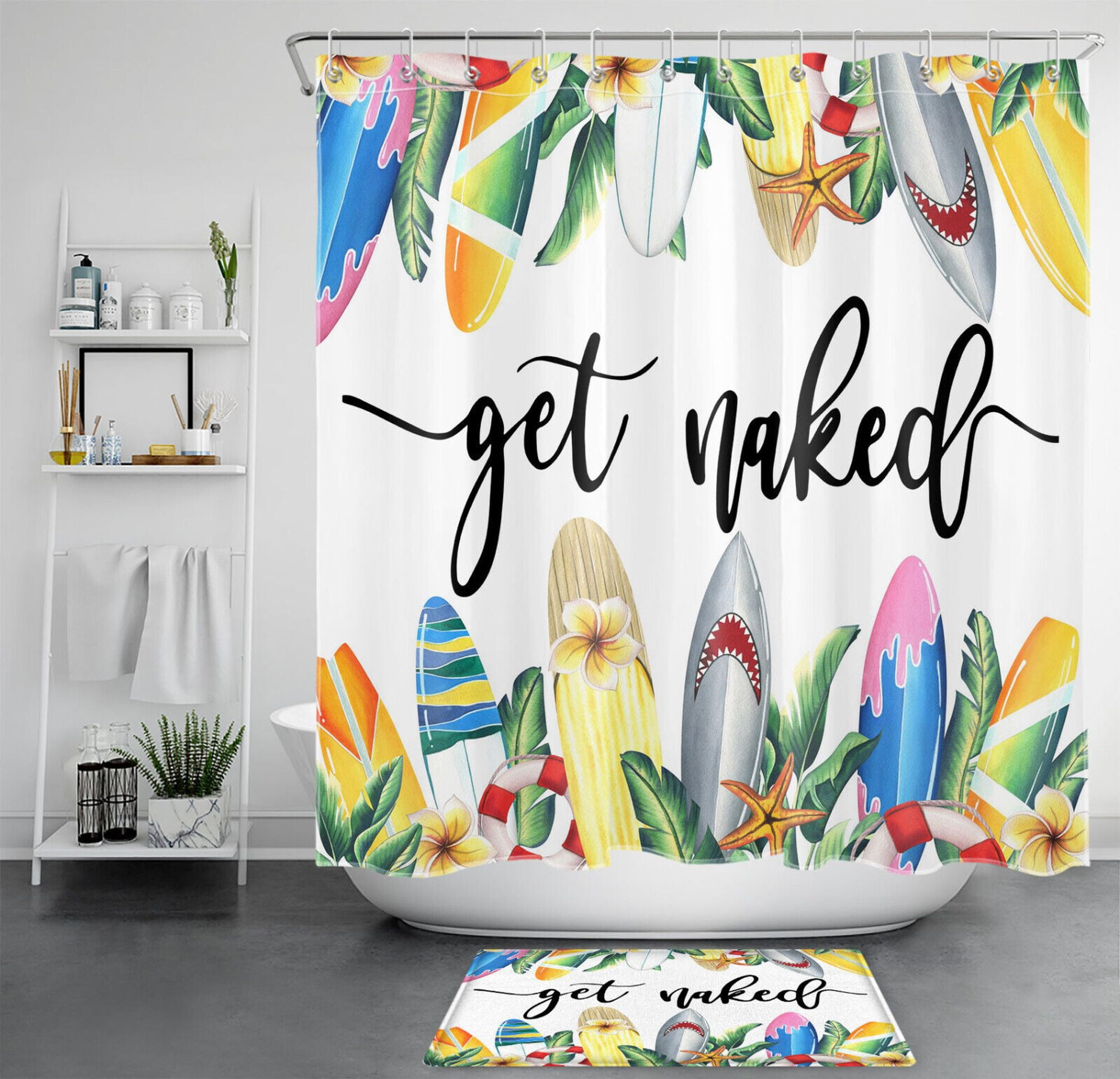 INPERCUST Hilarious Phrases Tropical Flora Shark Board Shower Curtain