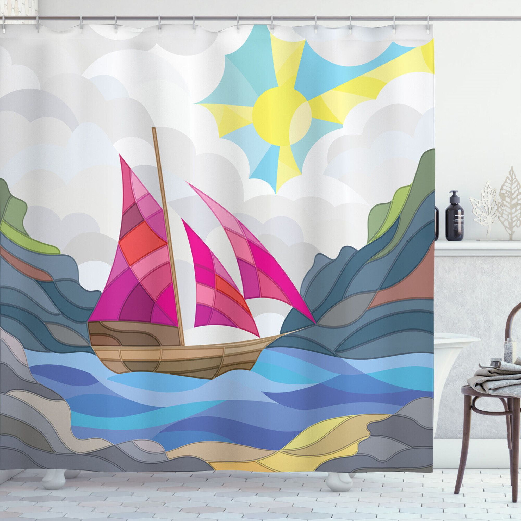 INPERCUST Maritime Shower Curtain with Sun Sail Boat Vitray Design for
