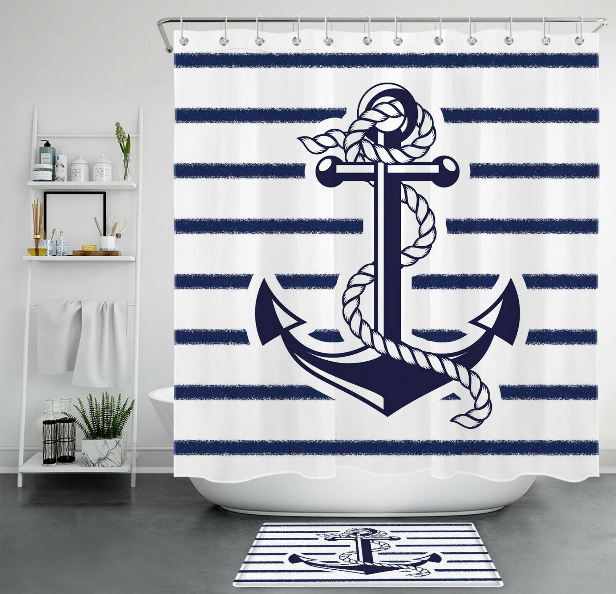 INPERCUST Nautical Bliss Coastal Navy Blue and White Striped Anchor