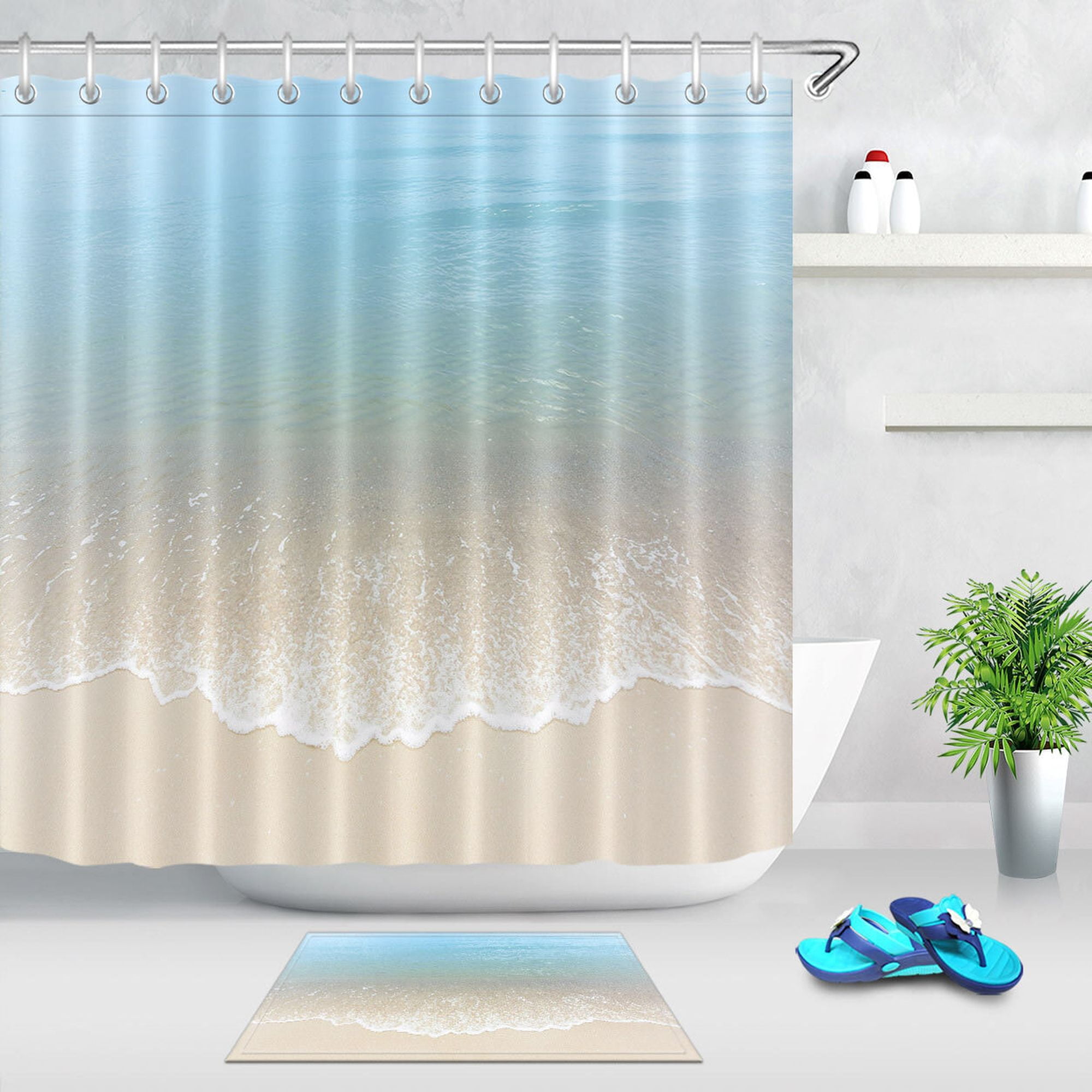 INPERCUST Ocean Blue Coastal Fabric Shower Curtain Liner Waterproof