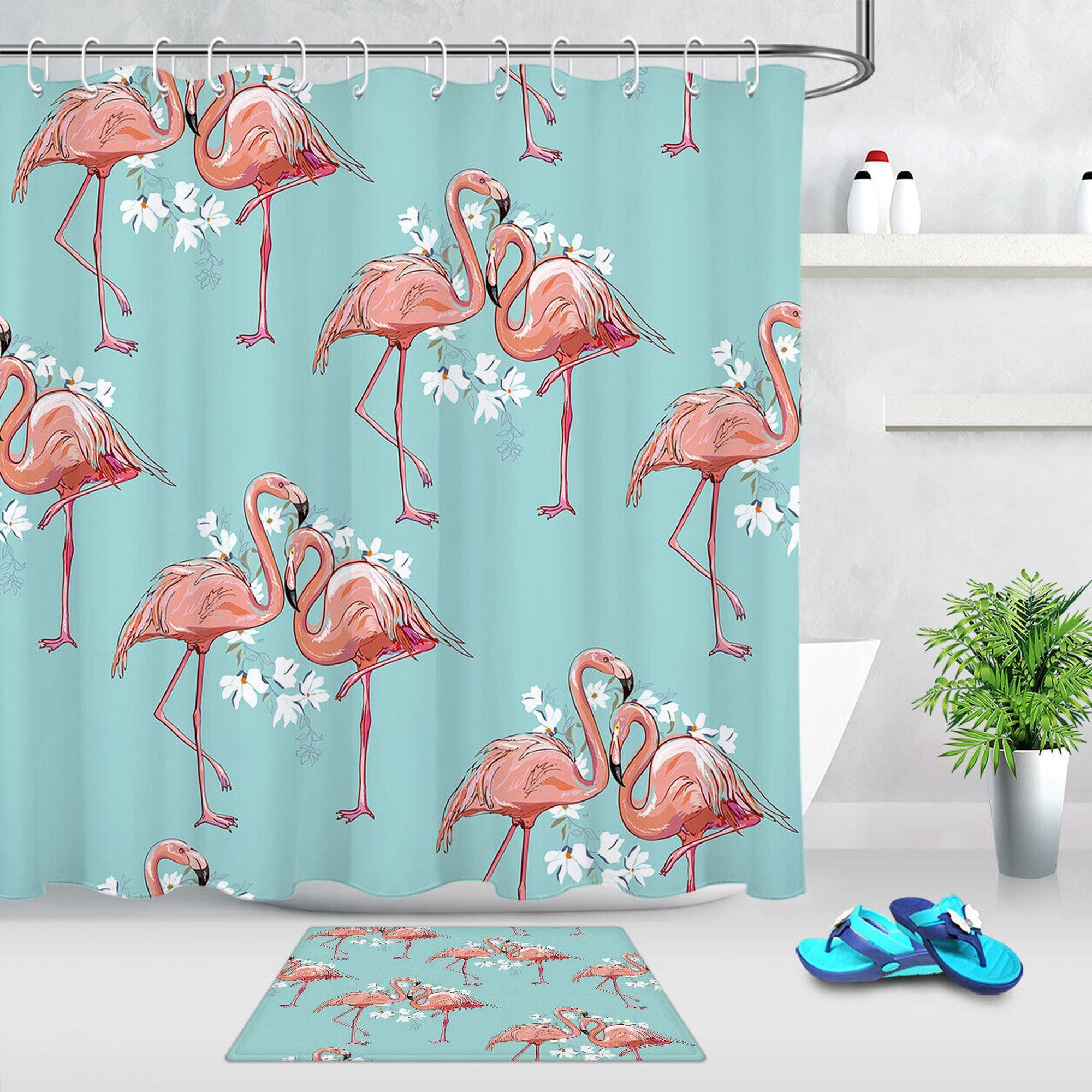 INPERCUST Romantic Pink Flamingos Shower Curtain with Elegant White ...