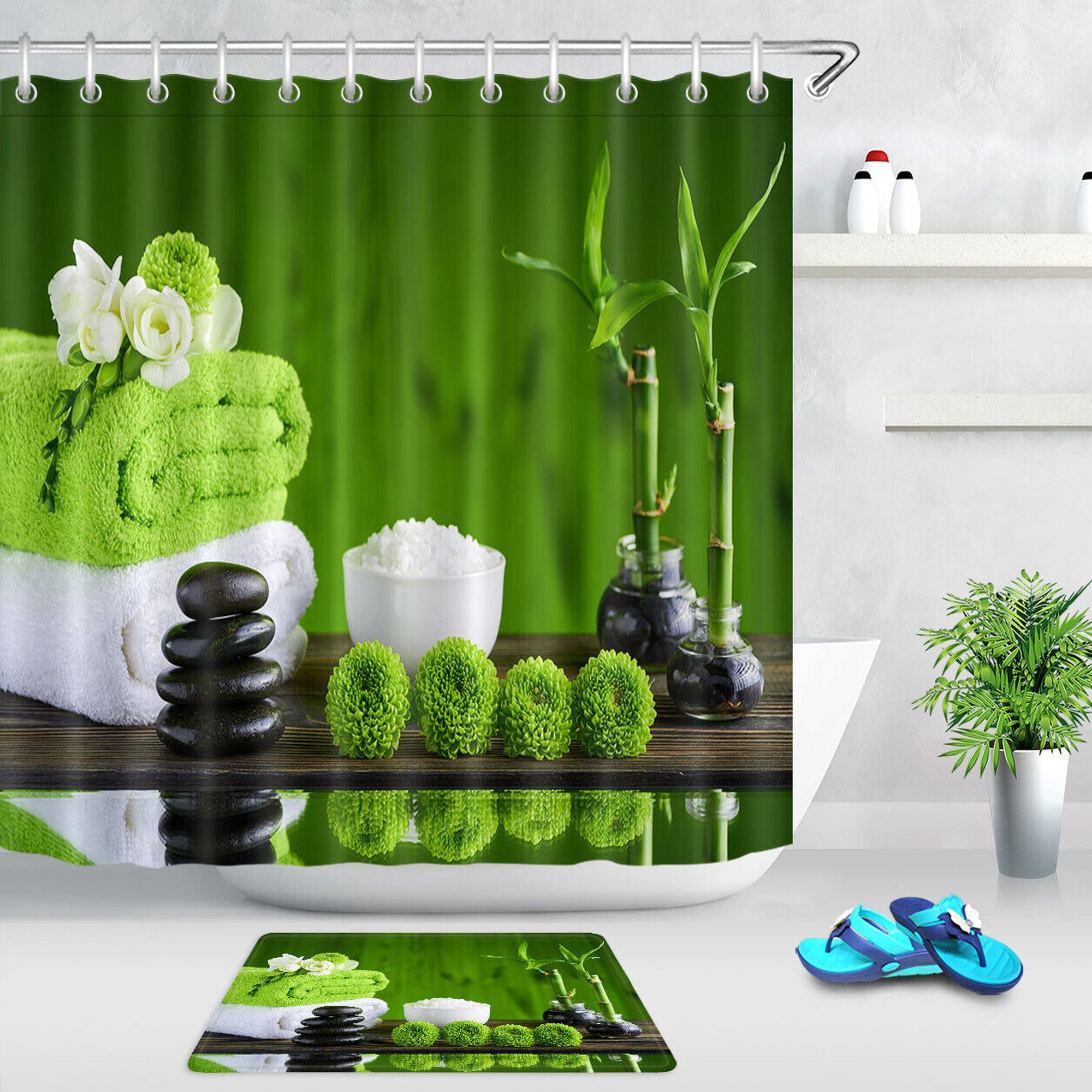 INPERCUST Tranquil Oasis Fabric Shower Curtain Zen Spa Stones, Floral