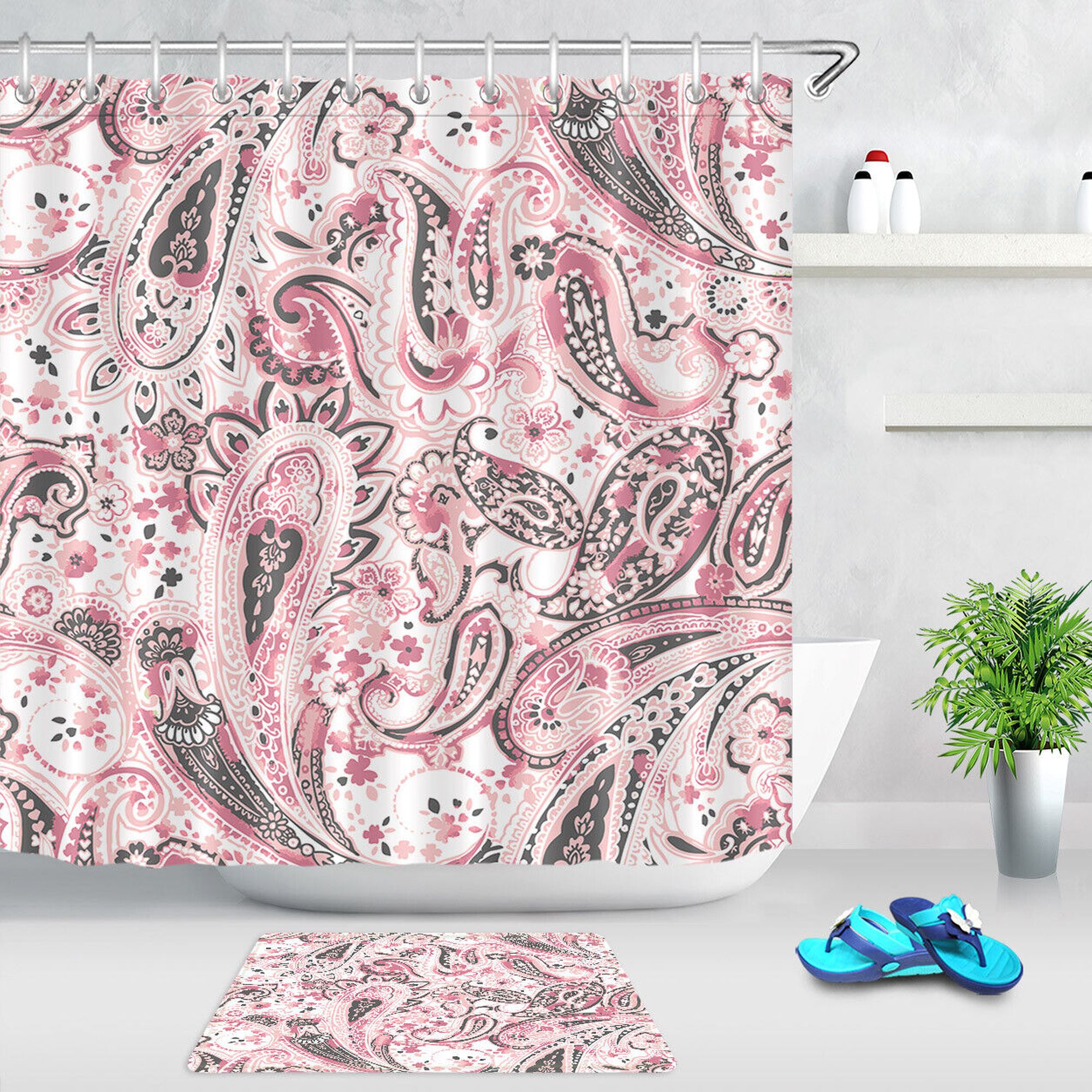 INPERCUST Tropical Bloom Fabric Shower Curtain Vibrant Pink Floral