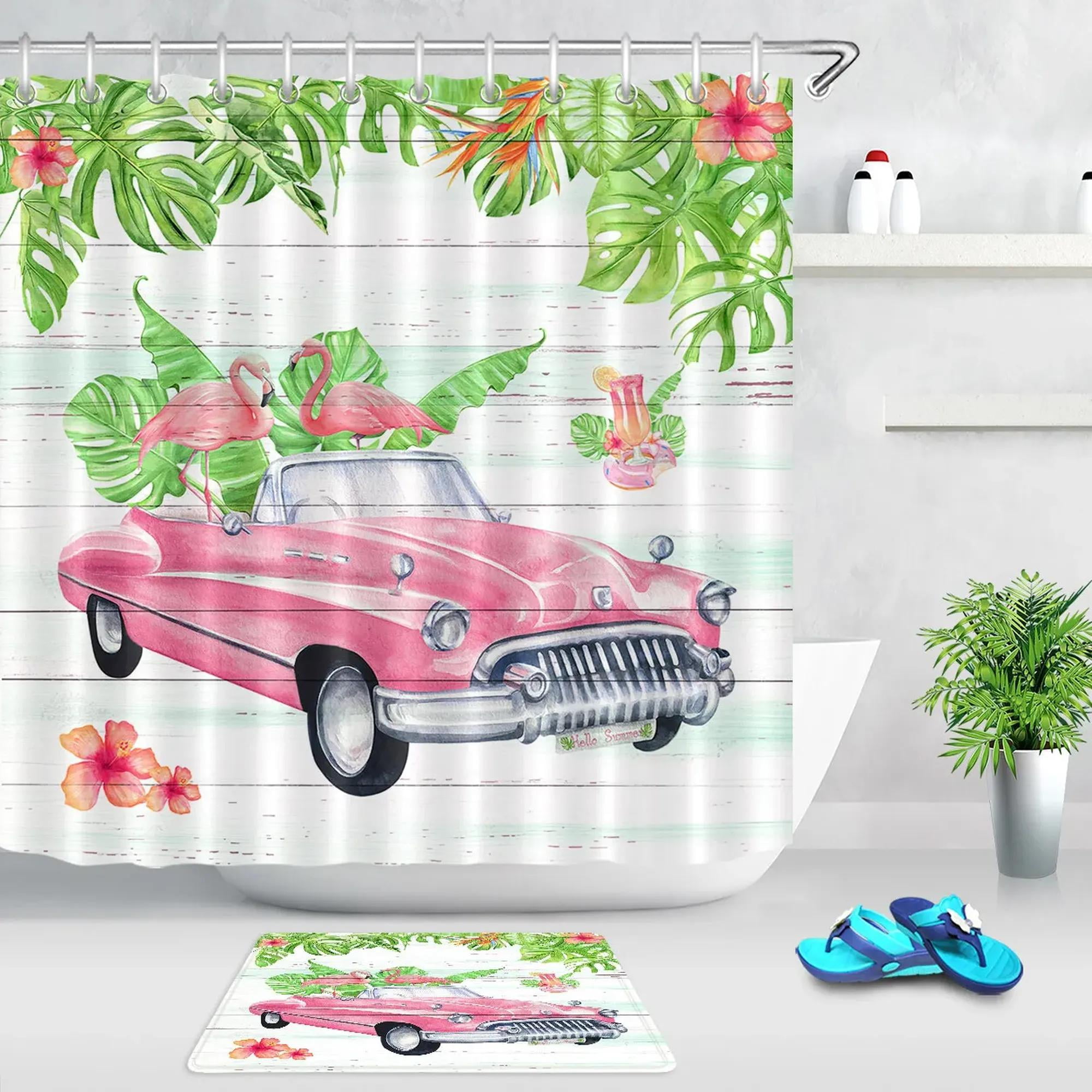INPERCUST Tropical Paradise Vintage Car Shower Curtain with Pink