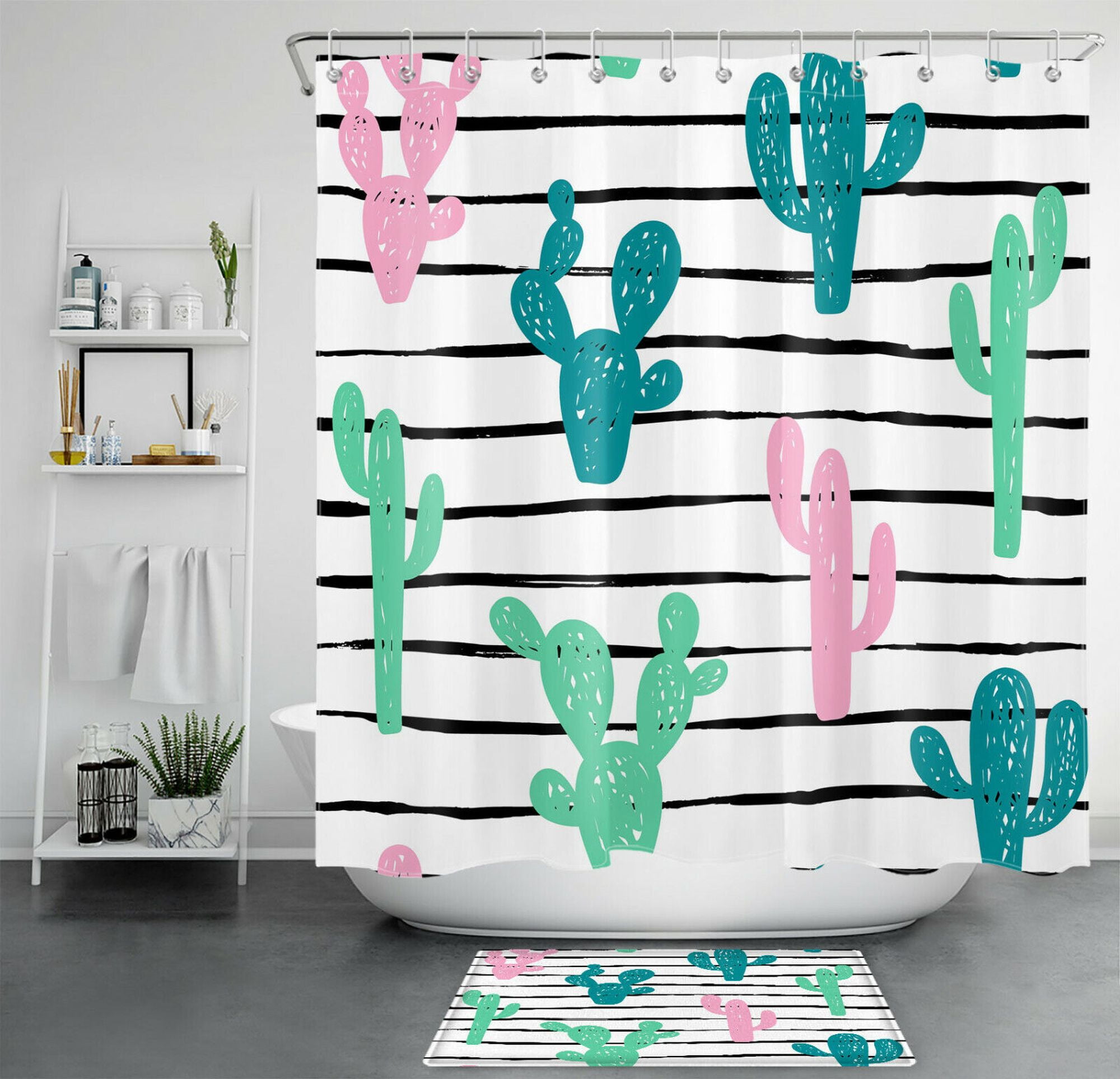 INPERCUST Tropical Striped Cartoon Cactus Shower Curtain