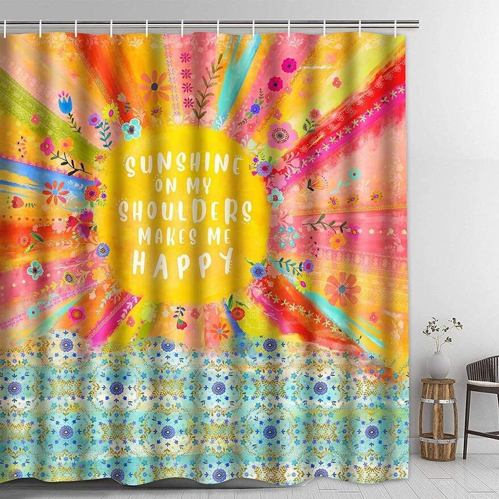INPERCUST Vibrant Blooms Inspiring Boho Rainbow Shower Curtain