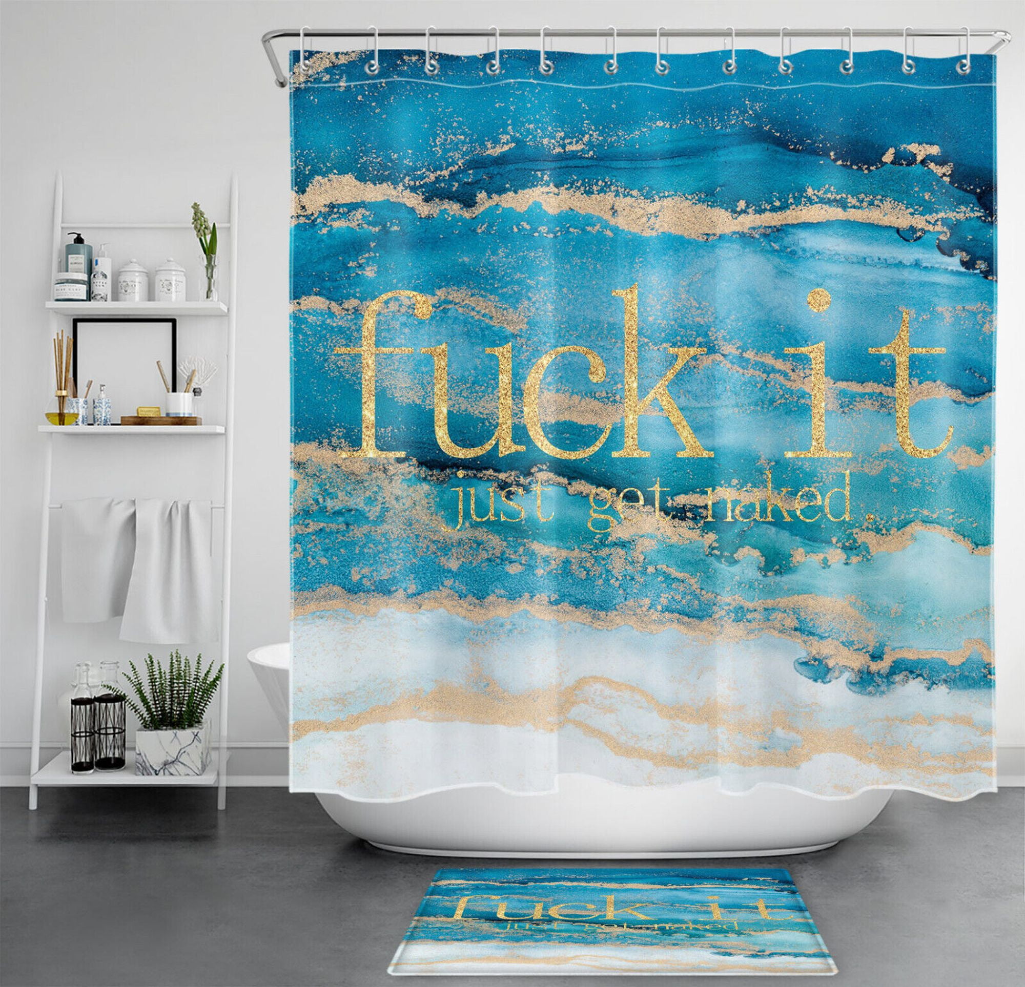 INPERCUST Whimsical Phrases Artistic Navy and Yellow Marble Shower