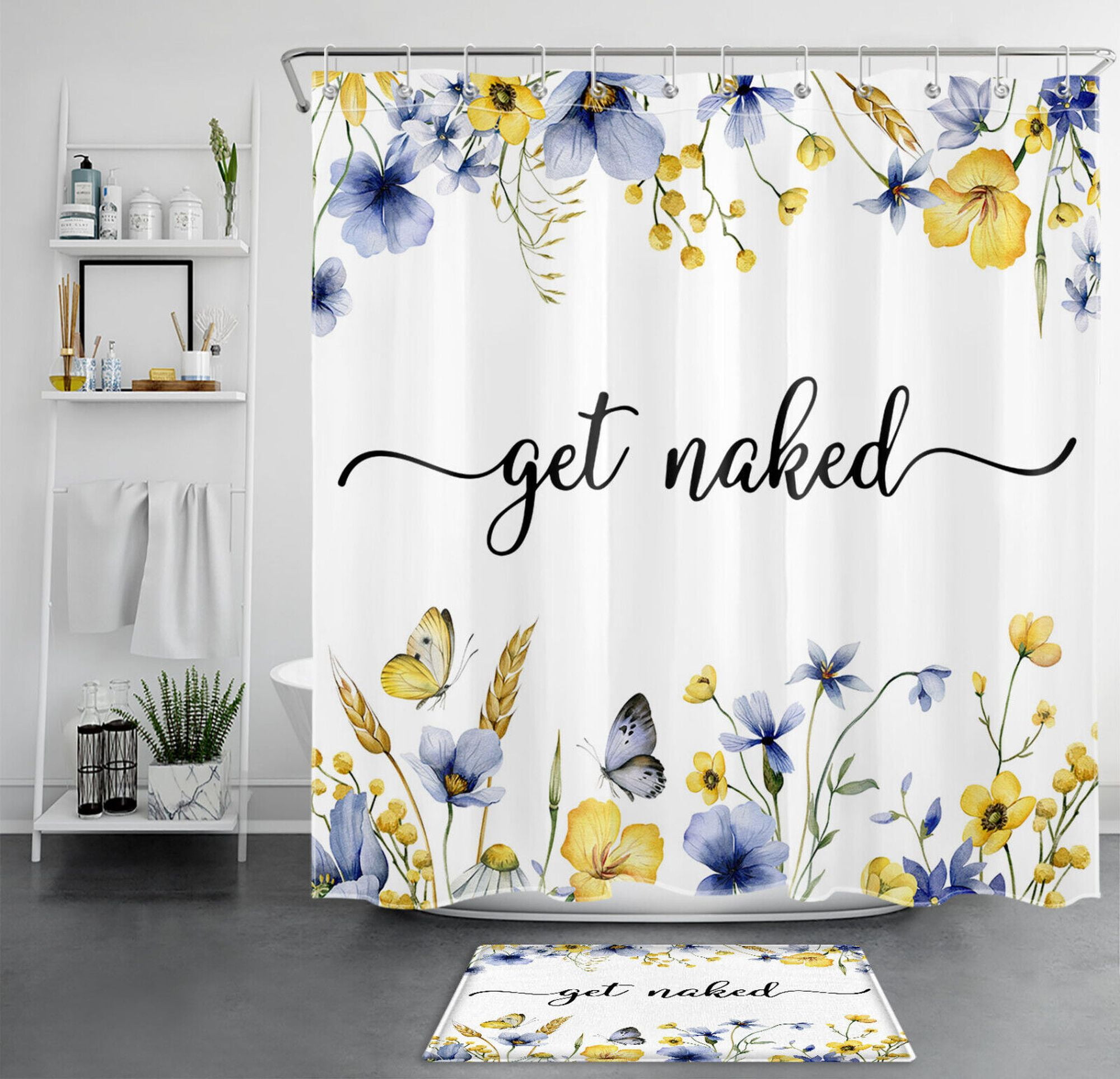 INPERCUST Whimsical Phrases Yellow Butterfly Blue Floral Shower Curtain