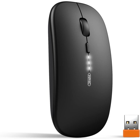 INPHIC Wireless Mouse, 2.4G Silent Rechargeable Ultra Slim USB Portable Mouse, 1600 DPI & 400mAh Battery with Visible Level for Laptop PC Computer & MacBook (LED-Black)