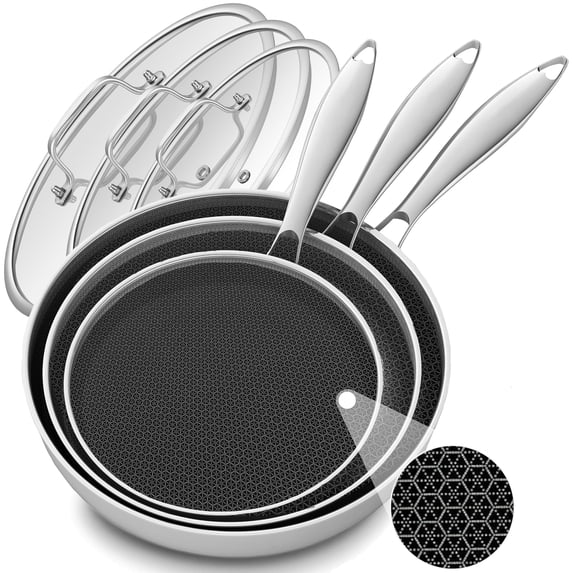 INQIBEE 8-10-12 inch Tri-ply Hybrid Stainless Steel Non-Stick Frying Pan Set,Sauté Pan,Skillets,Induction Pan,Pots and Pans Set,Dishwasher and Oven Safe,Detachable Handle.