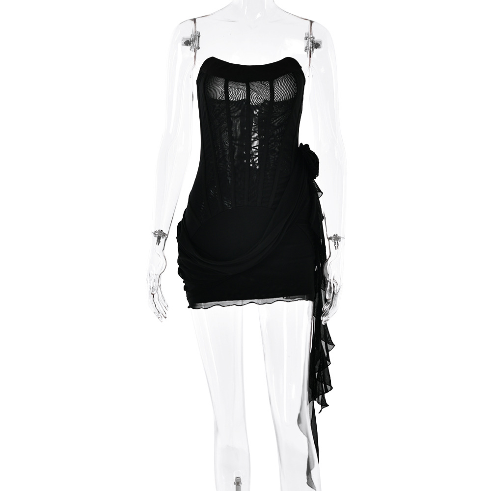 Women's Sexy Lace See-through Stitching Waist Tube Top Dress