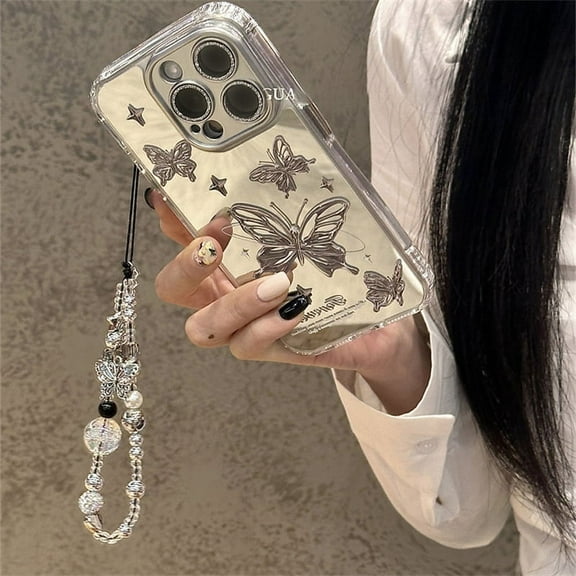 INS cute butterfly mirror chain lanyard phone case for iPhone 15 14 13 12 11 pro Max Korean shockproof bumper back cover Funda