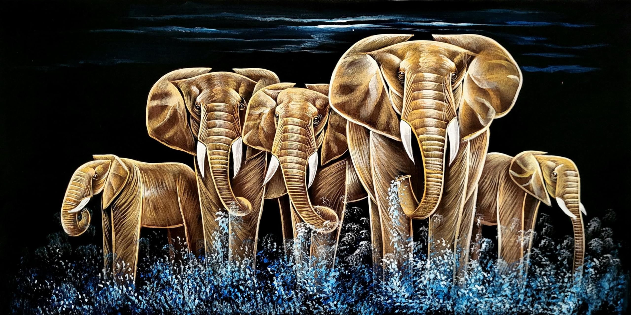 INSAIN Elephant Family in the Wild Handmade Velvet Painting (122x60 cm) | Fabric Painting | Big Wall Art | Home Decor (Unframed)