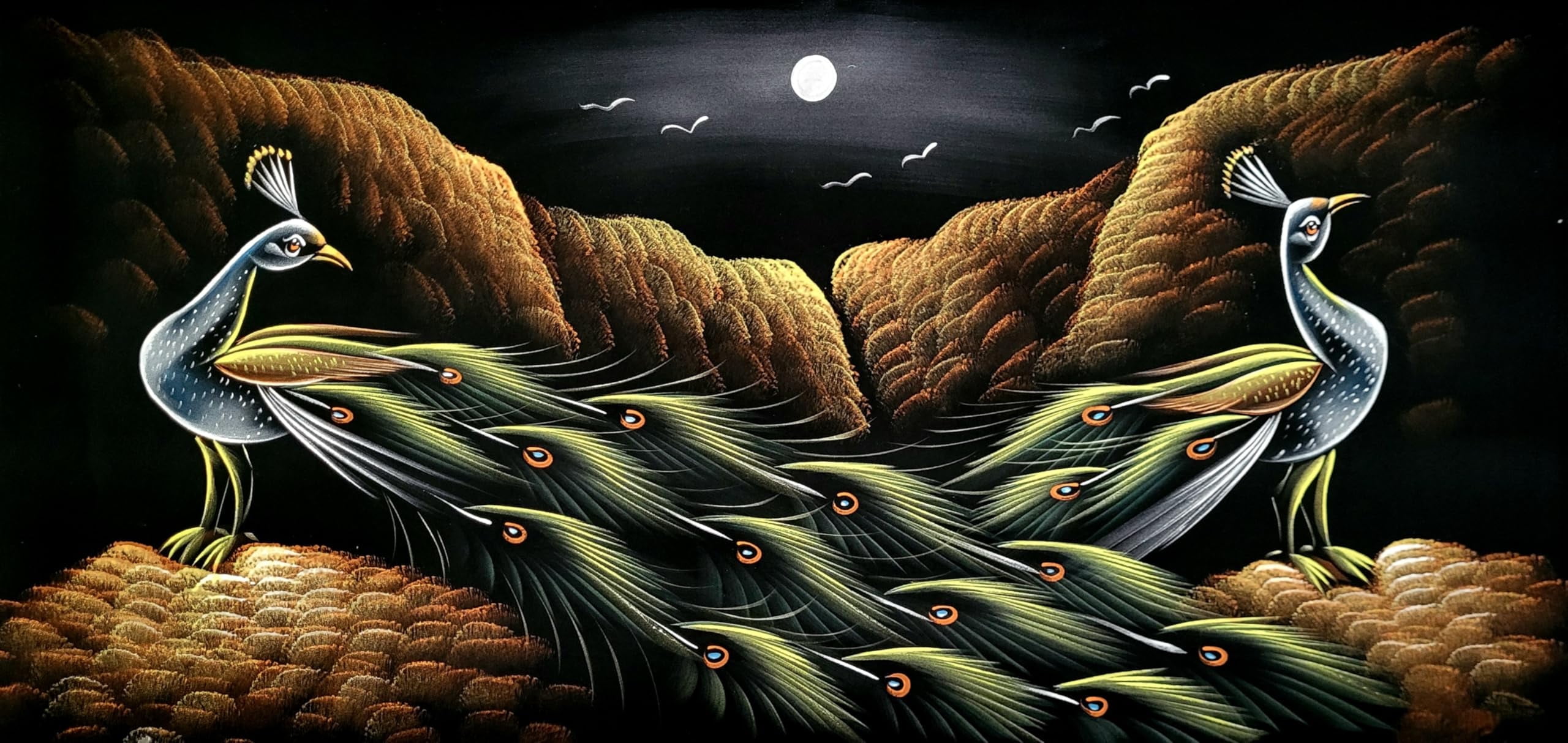 INSAIN Enchanted Night with Peacocks Handmade Velvet Painting (122x60 cm) | Fabric Painting | Big Wall Art | Home Decor (Unframed) (2)