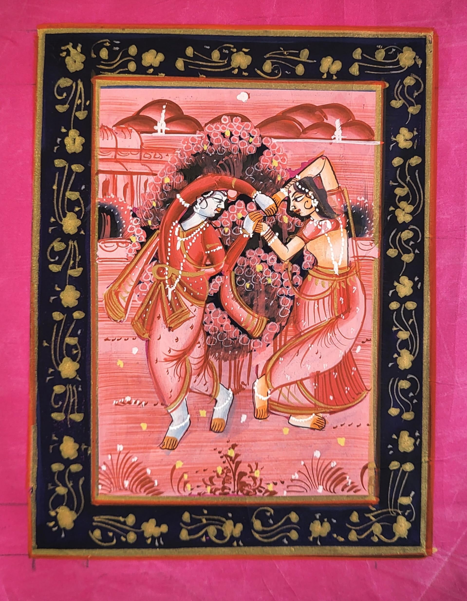 INSAIN Eternal Dance of Love - Radha Krishna Ras Leela Painting-Fabric Painting- Lord Krishna Painting (9 * 6.5 inch)(Unframed) (Art 2)