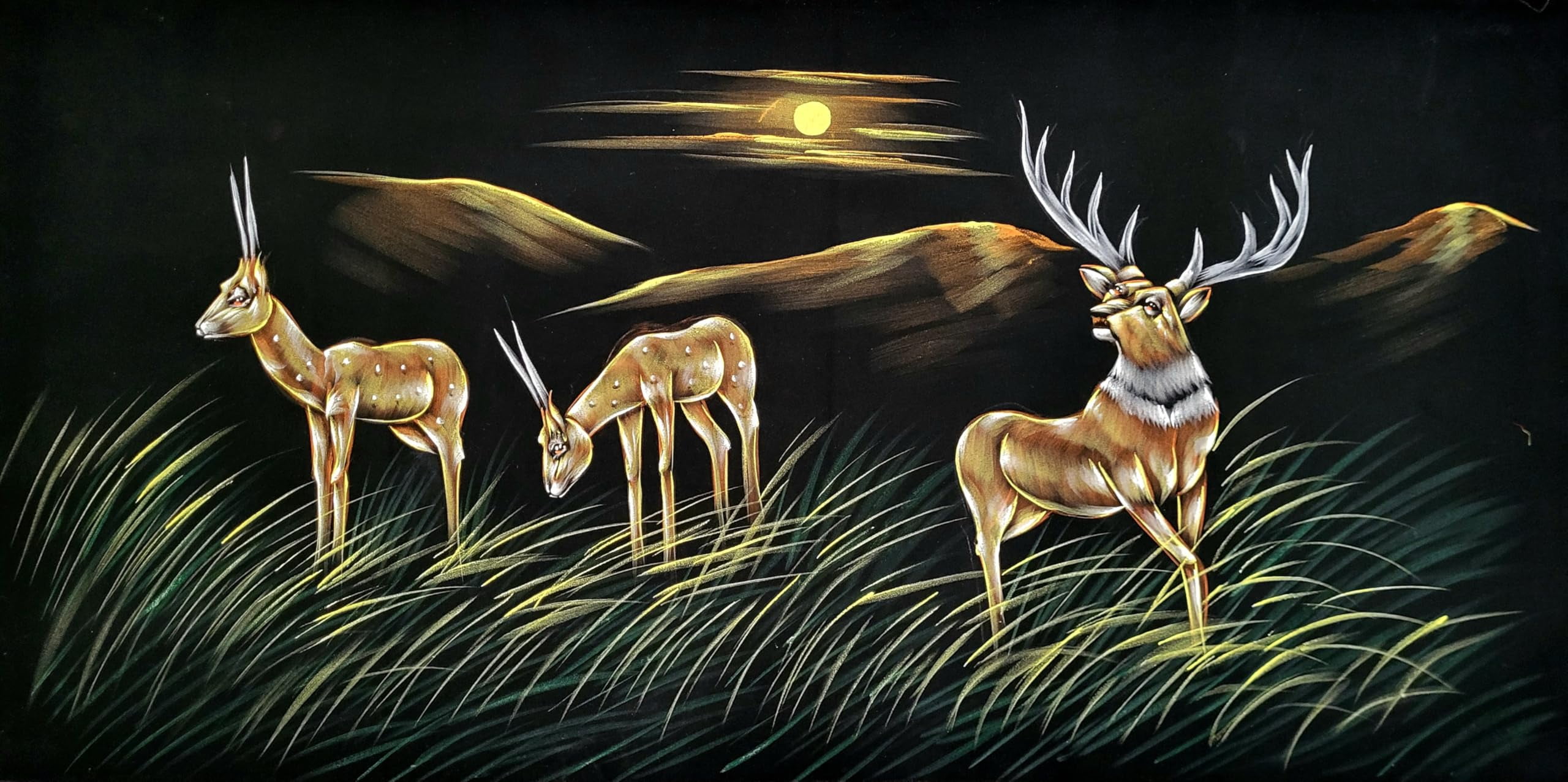 INSAIN Gazelles Deer by Moonlit River Velvet Painting (122x60 cm) | Fabric Painting | Big Wall Art | Home Decor (1)