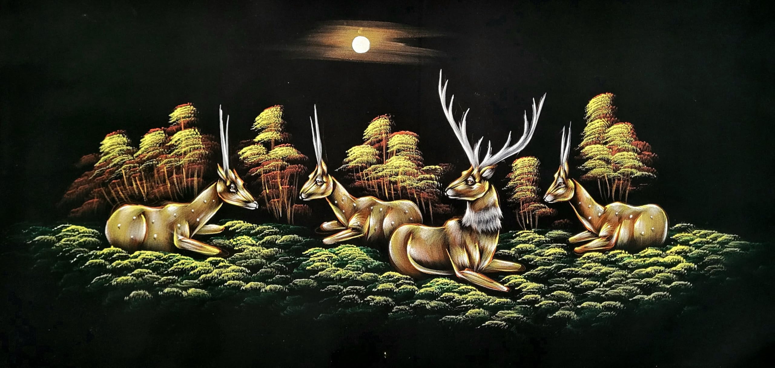 INSAIN Gazelles Deer by Moonlit River Velvet Painting (122x60 cm) | Fabric Painting | Big Wall Art | Home Decor (2)