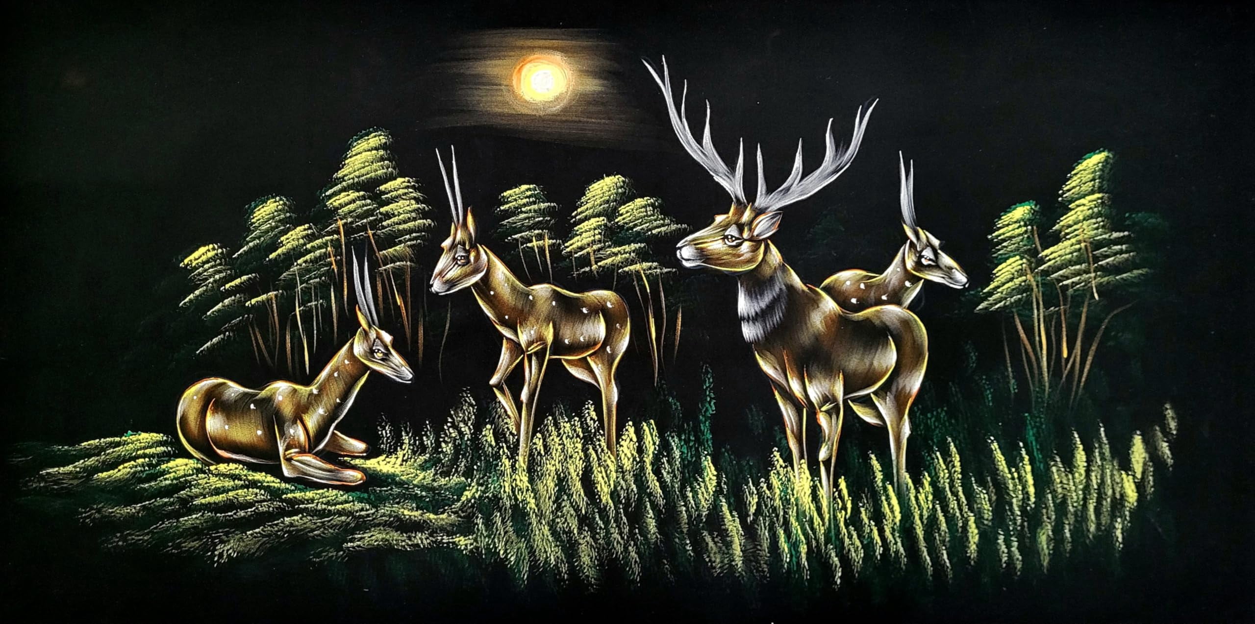 INSAIN Gazelles Deer by Moonlit River Velvet Painting (122x60 cm) | Fabric Painting | Big Wall Art | Home Decor (4)