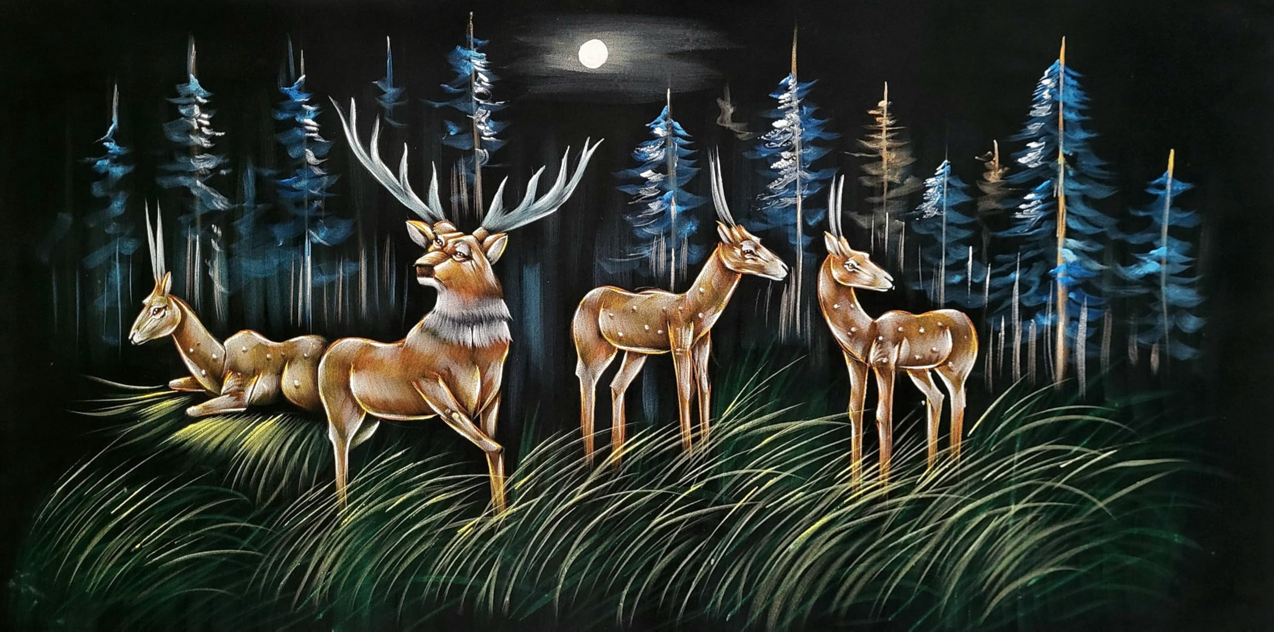 INSAIN Gazelles Deer by Moonlit River Velvet Painting (122x60 cm) | Fabric Painting | Big Wall Art | Home Decor (5)