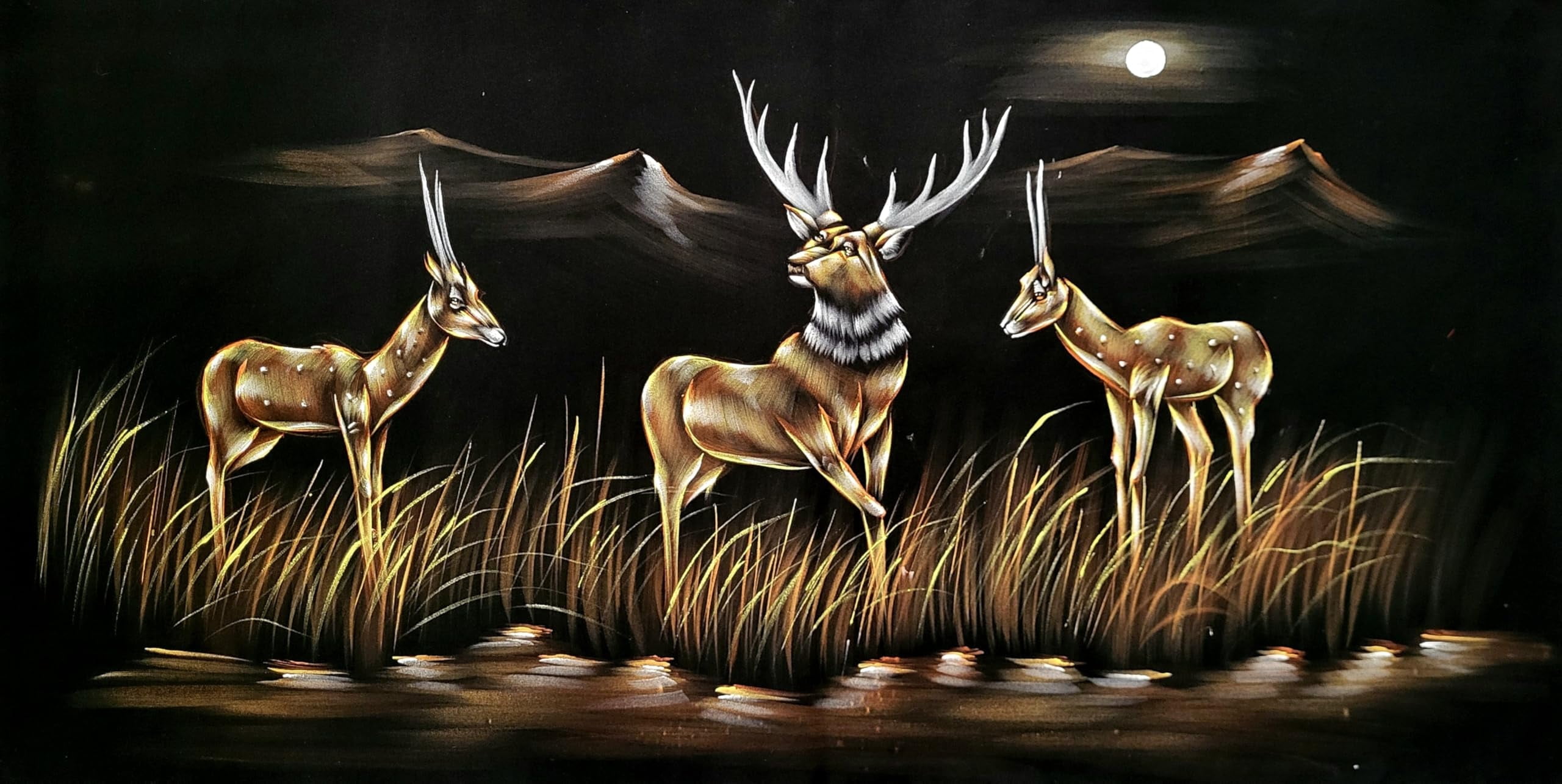 INSAIN Gazelles Deer by Moonlit River Velvet Painting (122x60 cm) | Fabric Painting | Big Wall Art | Home Decor (8)