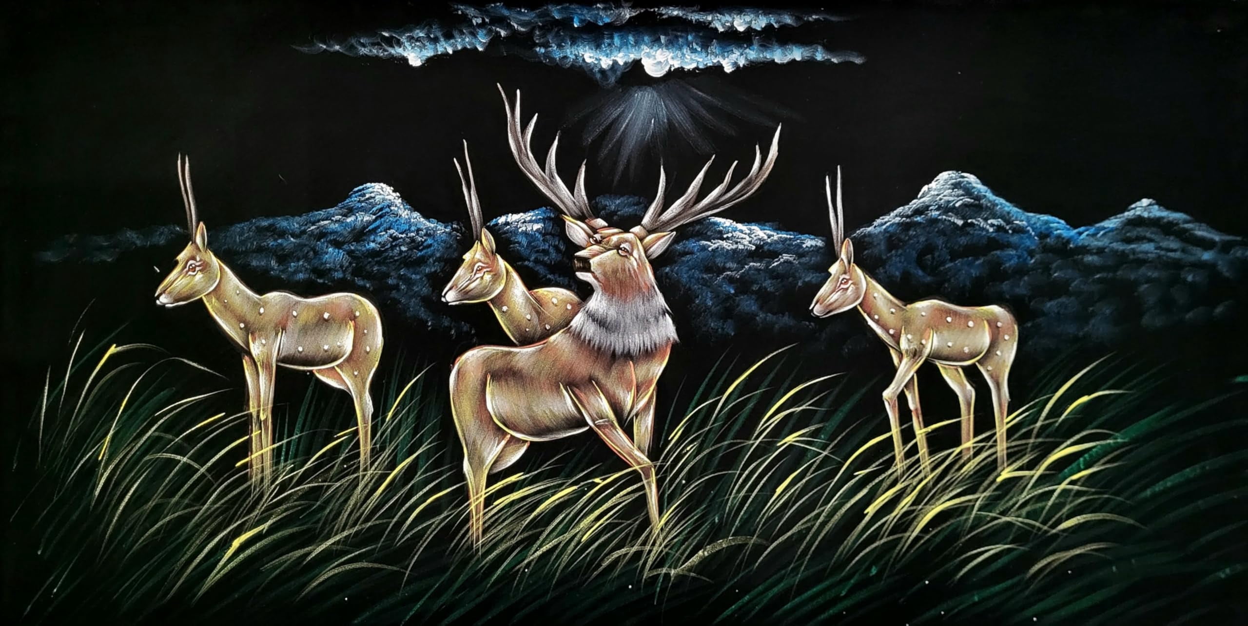 INSAIN Gazelles Deer by Moonlit River Velvet Painting (122x60 cm) | Fabric Painting | Big Wall Art | Home Decor (9)