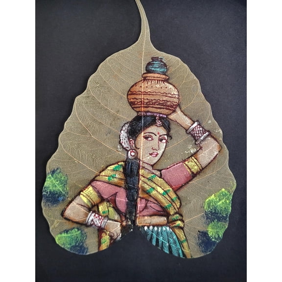 INSAIN - Handmade Indian Leaf Painting - Traditional Woman Portrait - Pipal Leaf Art (9 * 6.5 inch) (Women 3)