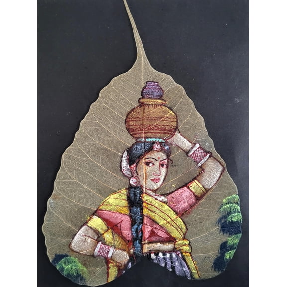 INSAIN - Handmade Indian Leaf Painting - Traditional Woman Portrait - Pipal Leaf Art (9 * 6.5 inch) (Women 4)