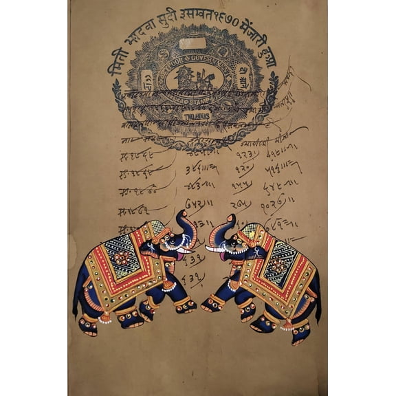 INSAIN - Handmade Indian Miniature painting of Decorative Royal Elephants with Jaipur Government Seal | Vintage stamp paper | Vintage Wall Art | Elephant 6
