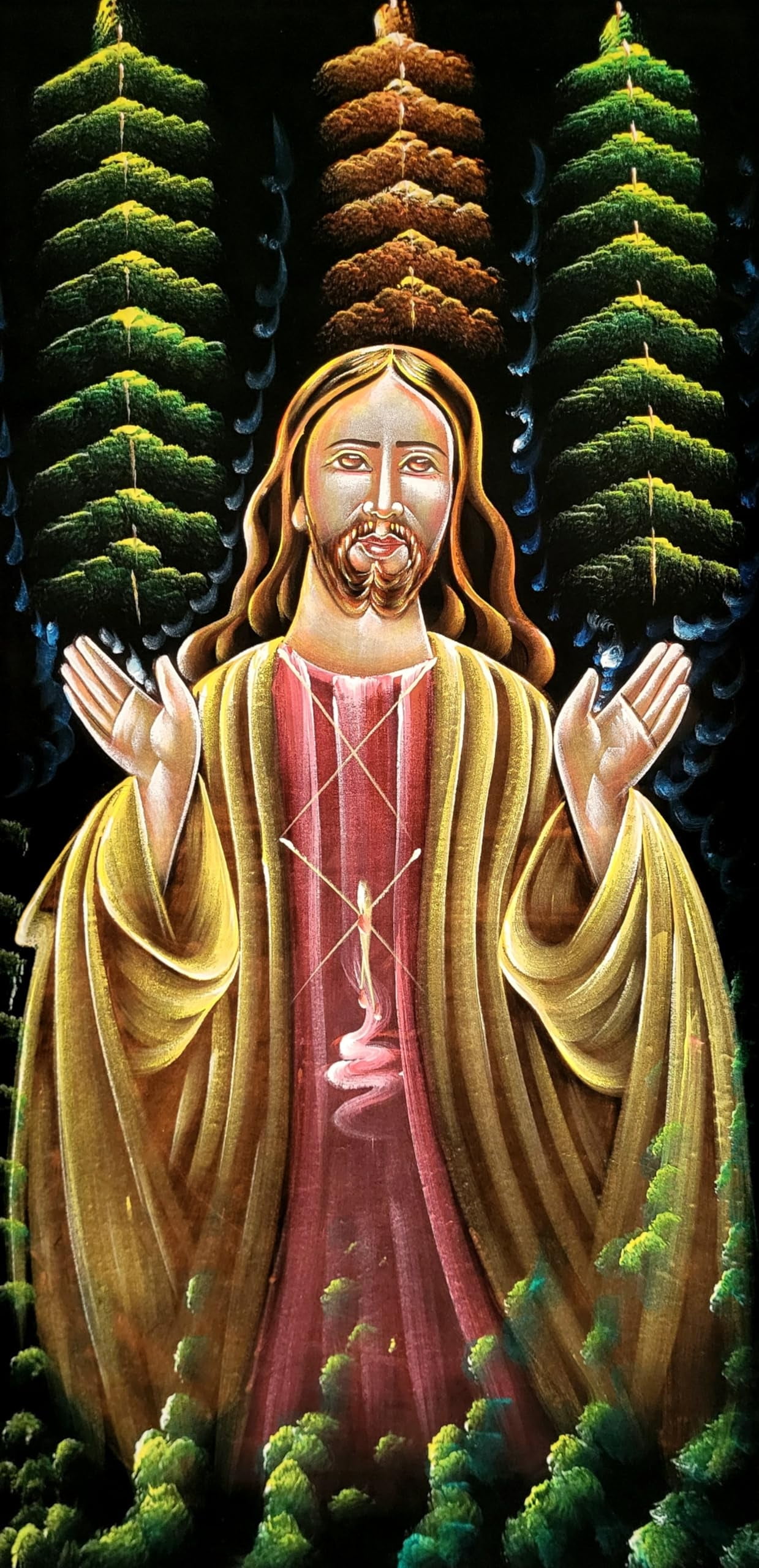 INSAIN Handmade Velvet Painting of Jesus Christ with Crosses - 60x122 cm | Fabric Painting | Big Wall Art | Home Decor (Art 3)