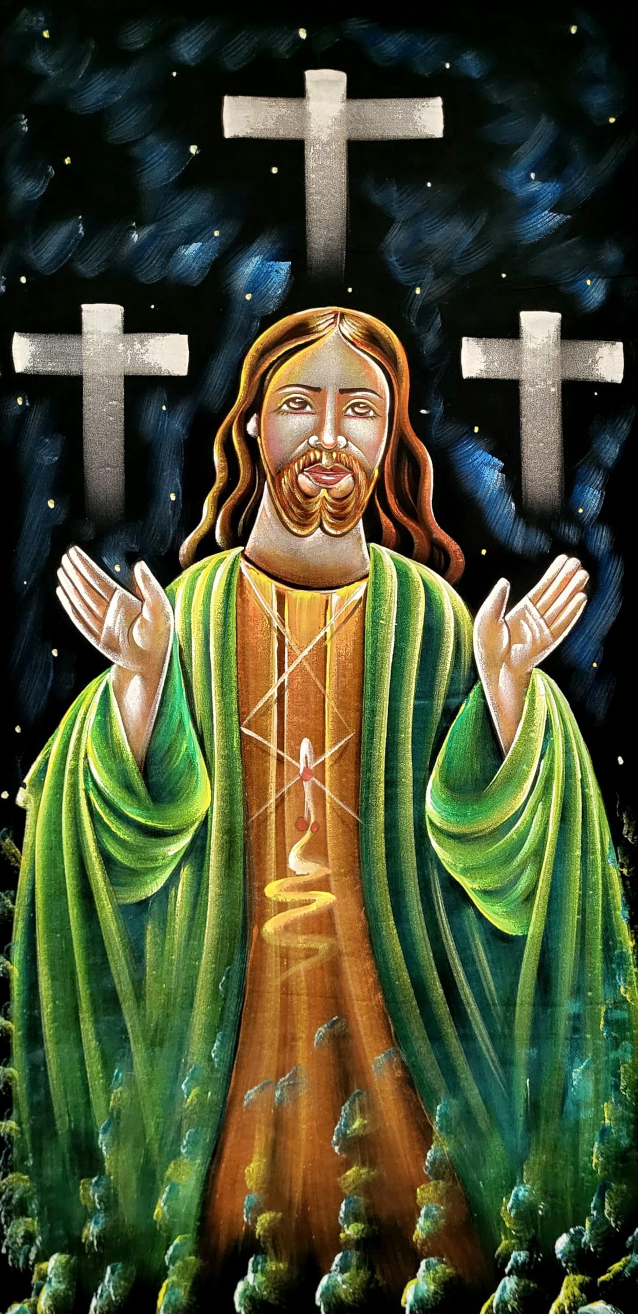 INSAIN Handmade Velvet Painting of Jesus Christ with Crosses - 60x122 cm | Fabric Painting | Big Wall Art | Home Decor (Art 4)