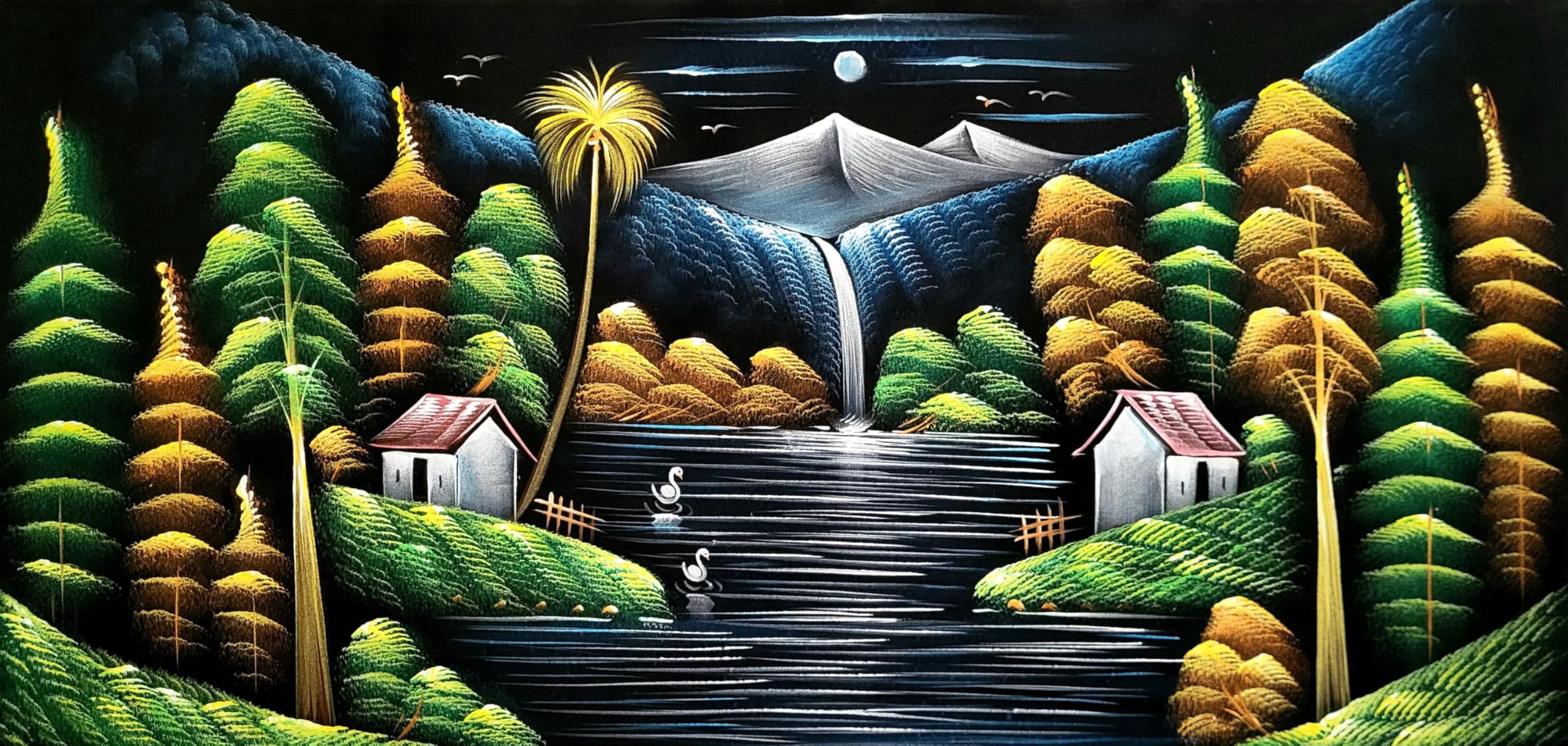 INSAIN Serene Mountain Retreat Handmade Velvet Painting (122x60 cm) | Fabric Painting | Big Wall Art | Home Decor (Unframed)