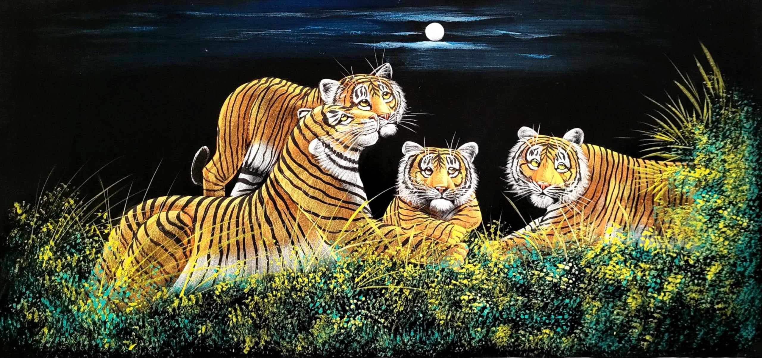 INSAIN Tiger Family in the Wild Handmade Velvet Painting (122x60 cm) | Fabric Painting | Big Wall Art | Home Decor (Unframed)