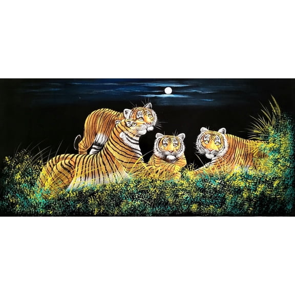 INSAIN Tiger Family in the Wild Handmade Velvet Painting (122x60 cm) | Fabric Painting | Big Wall Art | Home Decor (Unframed)